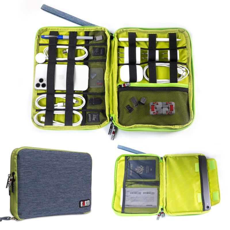 BUBM Three Layer Electronics Organizer and Travel Organizer for Tablet, Cables, and Chargers. Size XL Fit up to 10" Tablets. (Blue and Bright Green) - Image 1